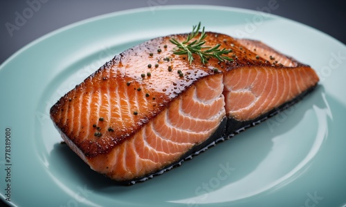 Salmon steak with rice and lemon on a black plate, closeup photo