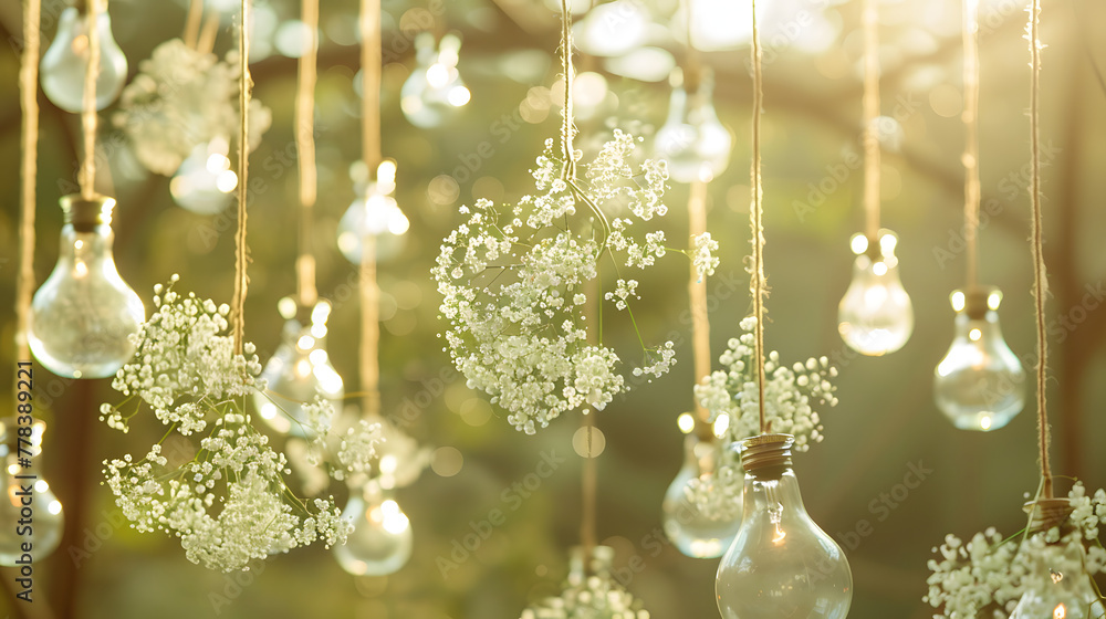 A group of light bulb vases filled with baby's breath flowers hanging from strings