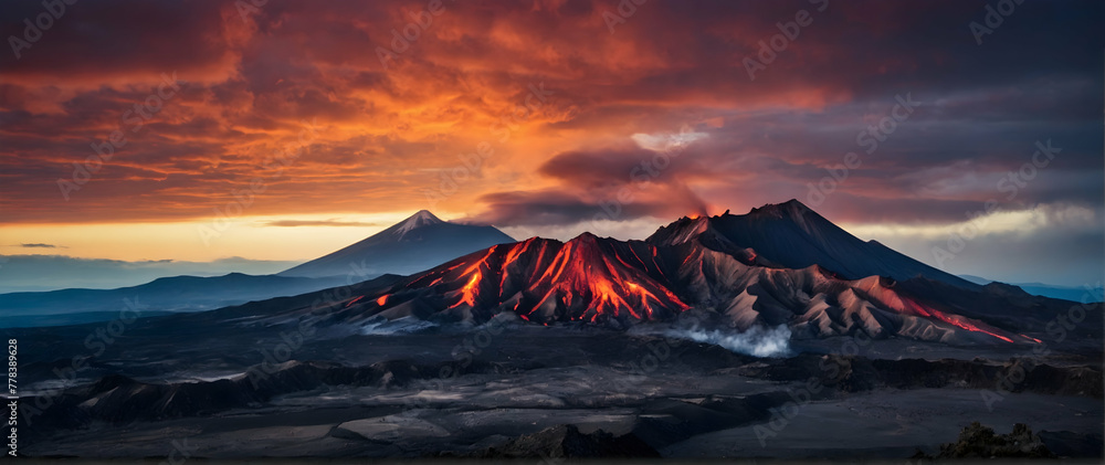 Fototapeta premium Photo real as Volcanic Echoes The raw power of volcanic terrain captured in the early dawn light. in nature and landscapes theme ,for advertisement and banner ,Full depth of field, high quality ,inclu