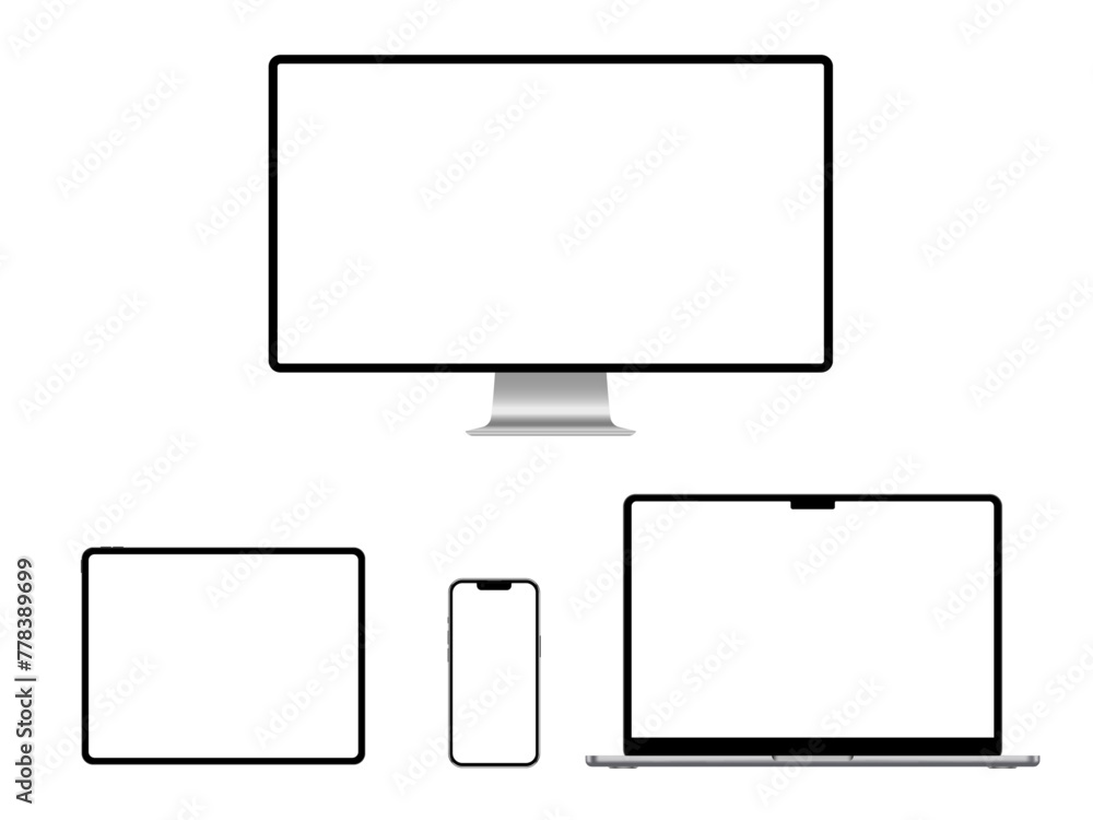 A set of isolated smart devices with blank screen: smartphone, tablet, laptop and desktop. Stock royalty free vector illustration A set of isolated smart devices with blank screen: smartphone, tablet, laptop and desktop. Stock royalty free vector illustration