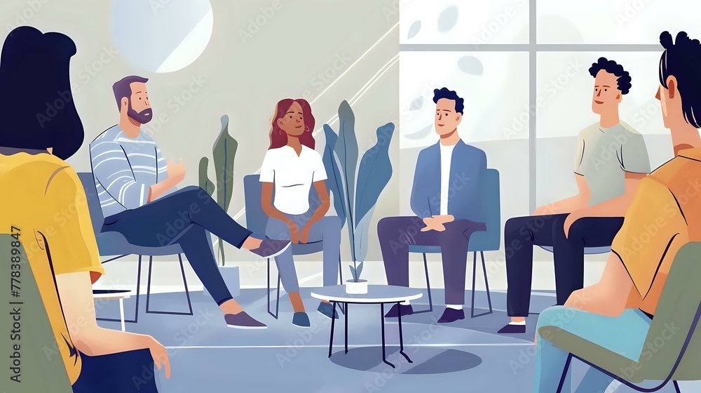 Men and women sitting in a circle during group therapy, supporting each other. Men and women sitting in a circle during group therapy, supporting each other.