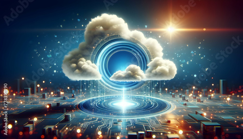 for advertisement and banner as Cloud Gateway Portal A portal gateway on the cloud representing access to endless digital resources. in Digital Cloud Computing background theme  Full depth of field  h