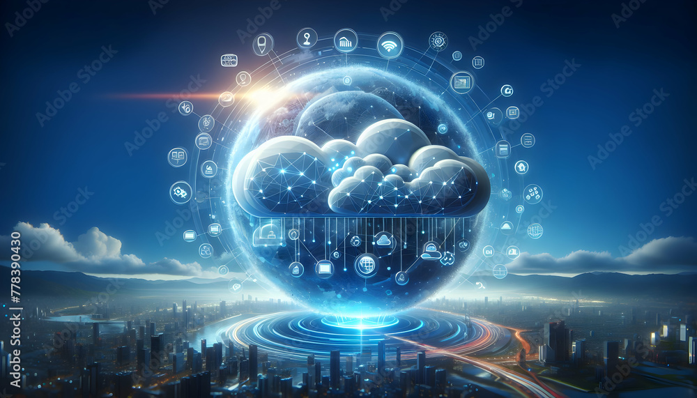for advertisement and banner as Cloud Innovation Sphere A sphere of innovation with cloud computing icons symbolizing a world of possibilities. in Digital Cloud Computing background theme ,Full depth 