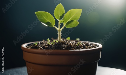 Young seedling in a pot on a dark background, selective focus