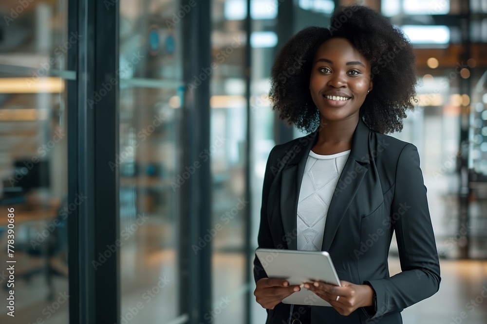 A young black woman in a business suit holding a tablet stands amidst the glass partitions of the office A young black woman in a business suit holding a tablet stands amidst the glass partitions of the office