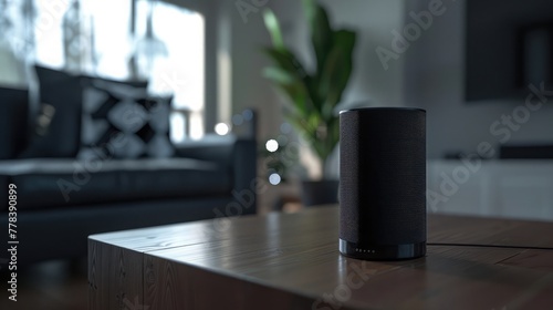 A sleek and modern smart speaker  blending seamlessly into any home decor while providing immersive audio experiences and voice-controlled convenience.