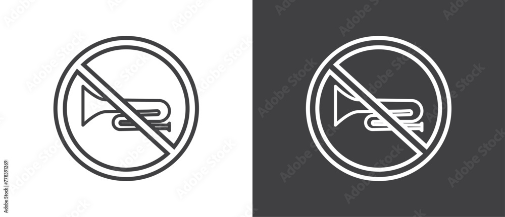 Simple Line Icon of No Trumpet and horn, Vector illustration of crossed out circular no traffic sign with trumpet icon inside. No horn symbol. No loud sound symbol icon in black and white background. Simple Line Icon of No Trumpet and horn, Vector illustration of crossed out circular no traffic sign with trumpet icon inside. No horn symbol. No loud sound symbol icon in black and white background.