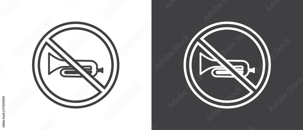 Line Icon of No Trumpet and horn, Vector illustration of crossed out circular no traffic sign with trumpet icon inside. No horn symbol. No loud sound symbol icon in black and white background. Line Icon of No Trumpet and horn, Vector illustration of crossed out circular no traffic sign with trumpet icon inside. No horn symbol. No loud sound symbol icon in black and white background.