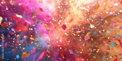 Mesmerizing background of falling colorful glitter with magical bright light and bokeh