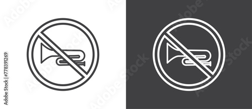 Simple Line Icon of No Trumpet and horn, Vector illustration of  crossed out circular no traffic sign with trumpet icon inside. No horn symbol. No loud sound symbol icon in black and white background.