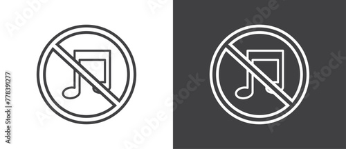 Line Icon of No Music Traffic, Vector illustration of red crossed out circular no traffic sign with trumpet icon inside. No horn symbol. No loud sound symbol icon in black and white background.