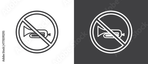 Line Icon of No Trumpet and horn, Vector illustration of  crossed out circular no traffic sign with trumpet icon inside. No horn symbol. No loud sound symbol icon in black and white background.