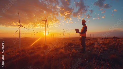 Silhouette of young engineer working on laptop at wind farm Team working at wind turbine farm at sunset