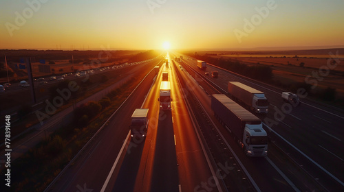 Aerial View of Trucks and Cars on Busy Highway at Sunset