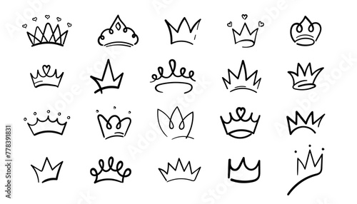 Set of doodle hand drawn Crown logo graffiti icon. Simple Line pop art element, beauty and fashion shopping concept. Vector  illustration isolated on white background