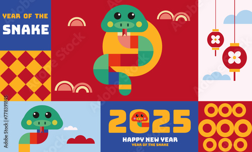 2025 Chinese New Year  year of the Snake. Chinese zodiac snake in geometric flat modern style.