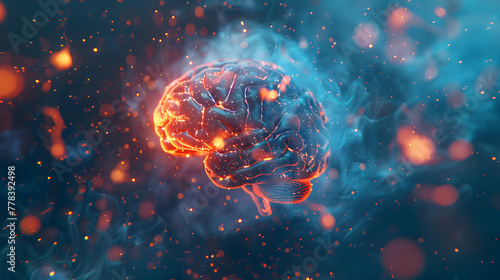 Abstract brain and fire particles background with glowing elements