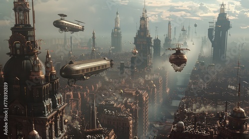 A steampunk-inspired cityscape bustling with activity  where towering clockwork towers and brass contraptions dominate the skyline  