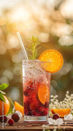Cranberry juice mixed with orange juice and topped with soda water  delicious food style  blur background  natural look