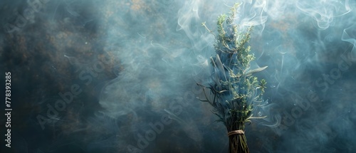 Mystical Smoke Dance from a Healing Herb Bundle. Concept Mystical, Smoke, Dance, Healing Herb Bundle photo