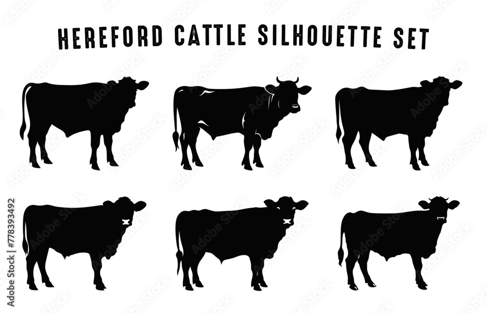 Hereford Cattle Silhouette Vector Bundle, Hereford Cow black Silhouettes Set