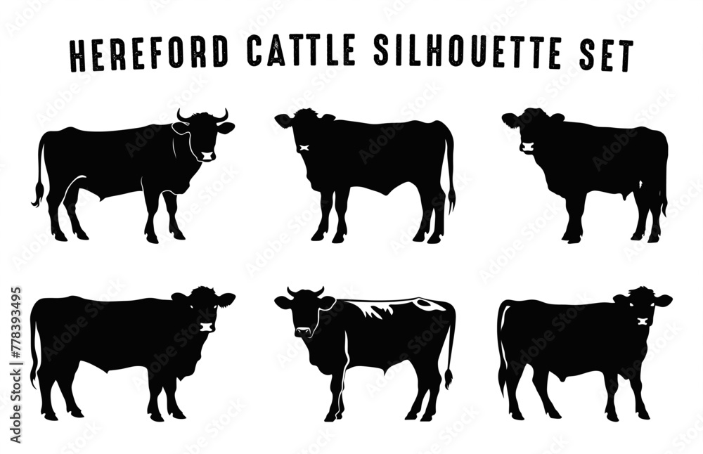 Hereford Cattle Silhouettes Vector Set, Hereford Cow Silhouette black Clipart Bundle