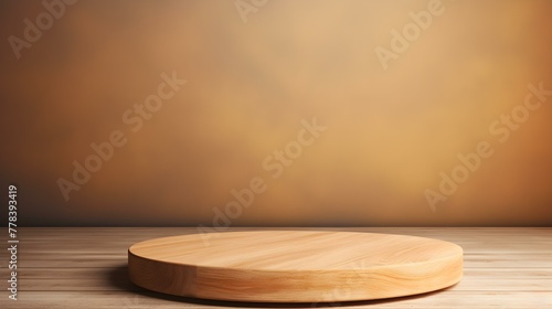 Close up of a round wooden Pedestal for Product Presentation. Empty light brown Showroom