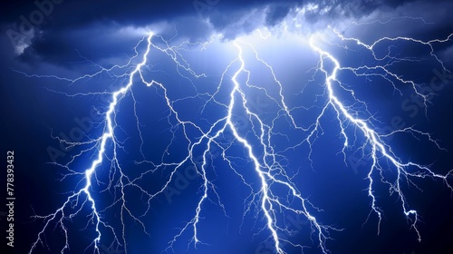  a large group of lightning strikes in the sky above a dark blue sky with a bright lightening behind it.