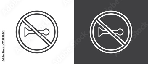 Icon of No Trumpet and horn, Vector illustration of  crossed out circular no traffic sign with trumpet icon inside. No horn symbol. No loud sound symbol icon in black and white background.
