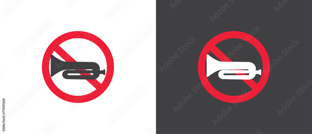 Red Icon of No Trumpet and horn, Vector illustration of crossed out circular no traffic sign with trumpet icon inside. No horn symbol. No loud sound symbol icon in black and white background. Red Icon of No Trumpet and horn, Vector illustration of crossed out circular no traffic sign with trumpet icon inside. No horn symbol. No loud sound symbol icon in black and white background.