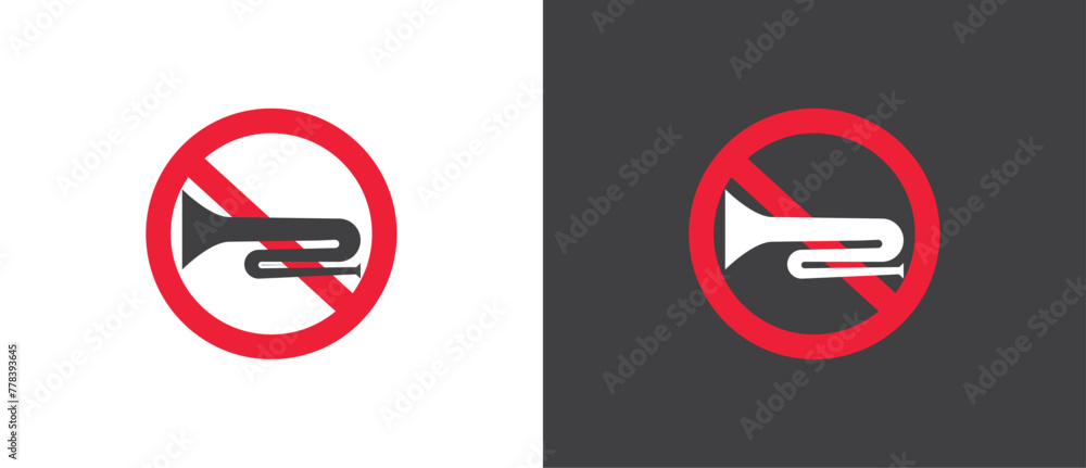 Red Icon of No Trumpet and horn, Vector illustration of crossed out circular no traffic sign with trumpet icon inside. No horn symbol. No loud sound symbol icon in black and white background. Red Icon of No Trumpet and horn, Vector illustration of crossed out circular no traffic sign with trumpet icon inside. No horn symbol. No loud sound symbol icon in black and white background.