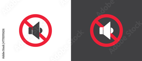 Red Icon of No loudspeaker, Vector illustration of  crossed out circular no traffic sign with sound icon inside. No horn symbol. No loud sound symbol icon in black and white background.