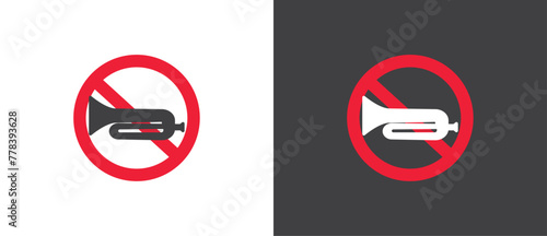 Red Icon of No Trumpet and horn, Vector illustration of  crossed out circular no traffic sign with trumpet icon inside. No horn symbol. No loud sound symbol icon in black and white background.