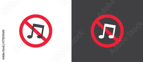 Red Icon of No Music Traffic, Vector illustration of
 red crossed out circular no traffic sign with music icon inside. No horn symbol. No loud sound symbol icon in black and white background.