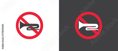 Red Icon of No Trumpet and horn, Vector illustration of  crossed out circular no traffic sign with trumpet icon inside. No horn symbol. No loud sound symbol icon in black and white background.