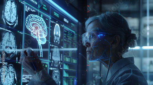 An elderly female doctor is using AI technology to study the. The screen shows various images of brain anatomy and medical data