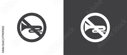 Icon of No Trumpet and horn, Vector illustration of  crossed out circular no traffic sign with trumpet icon inside. No horn symbol. No loud sound symbol icon in black and white background.