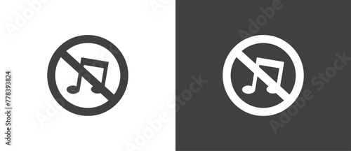 Flat Icon of No Music Traffic, Vector illustration of crossed out circular no traffic sign with music icon inside. No horn symbol. No loud sound symbol icon in black and white background.