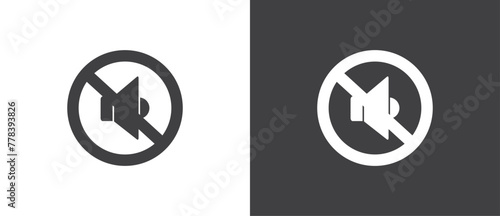 Flat Icon of No loudspeaker, Vector illustration of crossed out circular no traffic sign with sound icon inside. No horn symbol. No loud sound symbol icon in black and white background.