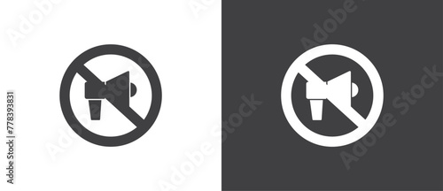 Flat Icon of No megaphone, Vector illustration of  crossed out circular no traffic sign with sound icon inside. No horn symbol. No loud sound symbol icon in black and white background.