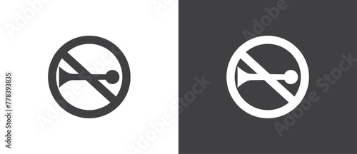 Flat Icon of No Trumpet and horn, Vector illustration of crossed out circular no traffic sign with trumpet icon inside. No horn symbol. No loud sound symbol icon in black and white background.