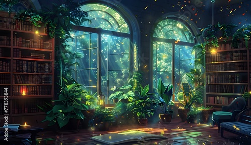 a room with plants and a book