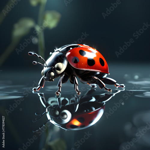 Imagine a vibrant scene with a ladybug delicately perched on water, surrounded by elements of nature like flowers and leaves, capturing the essence of beauty and tranquility in a garden setting © pla2u