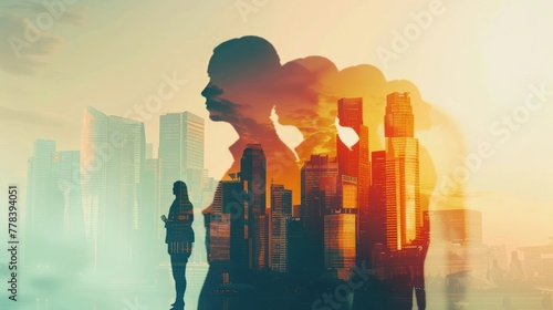 Abstract city skyline with businesspeople silhouettes on light wallpaper.