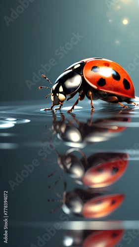 Imagine a vibrant scene with a ladybug delicately perched on water, surrounded by elements of nature like flowers and leaves, capturing the essence of beauty and tranquility in a garden setting