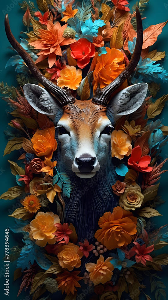 A vibrantly colored deer head with flowers and leaves on it. Vertical shot.