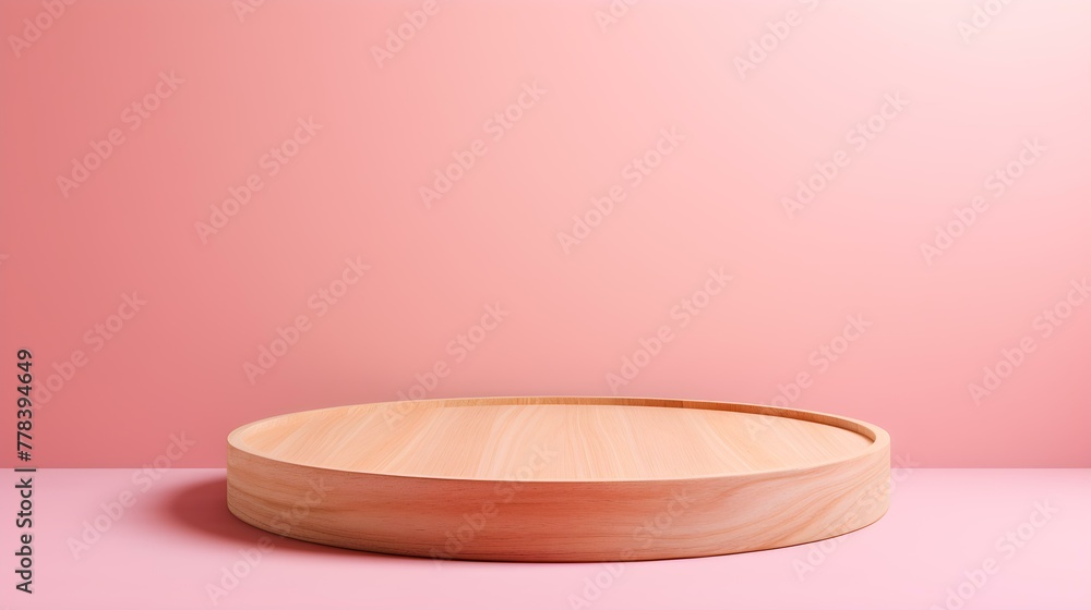Close up of a round wooden Pedestal for Product Presentation. Empty light pink Showroom Close up of a round wooden Pedestal for Product Presentation. Empty light pink Showroom