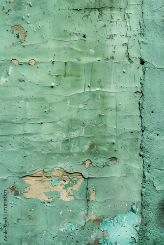 Green old wall. Vertical weathered wall background, copy space.