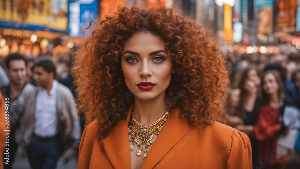 Beautiful woman with curly red hair on the street in an orange jacket Beautiful woman with curly red hair on the street in an orange jacket