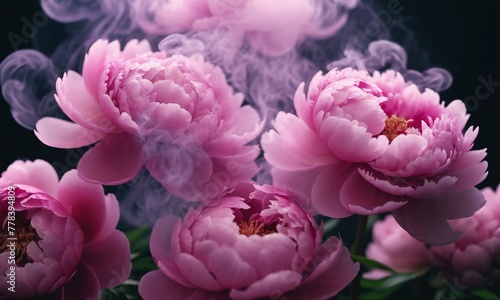 Beautiful peony flowers with smoke on dark background, closeup